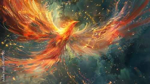 Transform the mythical Phoenix into a breathtaking digital masterpiece, soaring high above with vibrant, fiery plumage in a dynamic eye-level drone composition