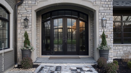 Double doors with sidelights and a transom window for a grand entrance