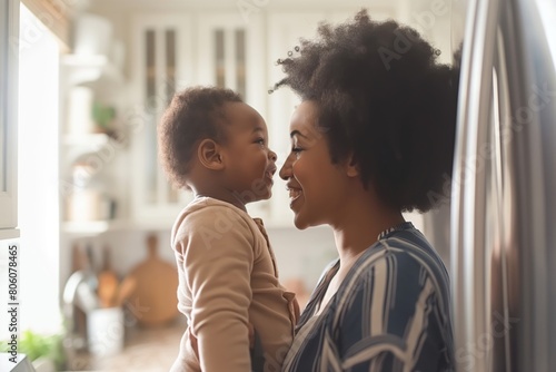 Happy African American mother caressing little girl at home. A young mother-parent hugs her little daughter, shows love and care. Parenthood concept