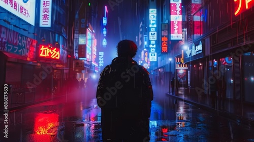 Solitary explorer in a cyberpunk cityscape illuminated by neon advertising and a gentle rain, emphasizing solitude in futurism