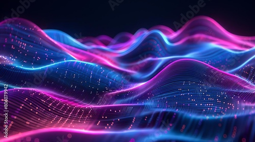 Continuous neon blue and pink waves undulating across a dark scene, creating a sense of rapid motion and futuristic technology in an abstract setting