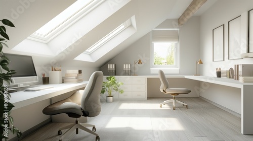 An attic conversion into a bright and airy home office space, featuring skylights and minimalist furniture.