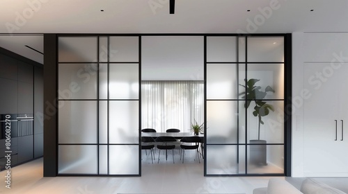 Modern sliding doors with black metal frames and frosted glass panels
