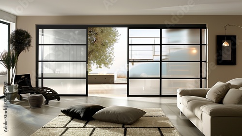 Modern sliding doors with black metal frames and clear or frosted glass panels