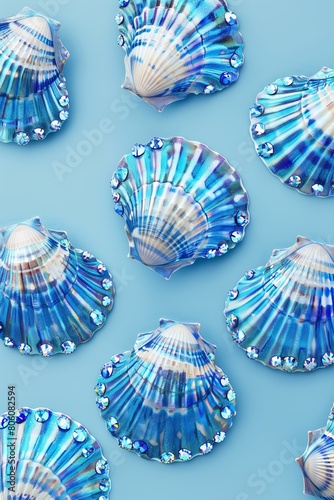 sea shells bedazzled with many blue shiny jewel crystals completely covering the shell on a pastel blue solid color background