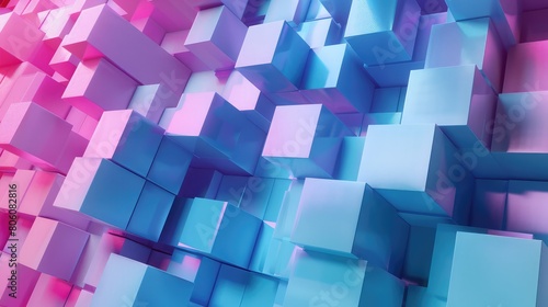 3d render of abstract background with cubes in blue and pink colors, Abstract background of cube blocks wall stacking design neon pastel color for cubic wallpaper background 