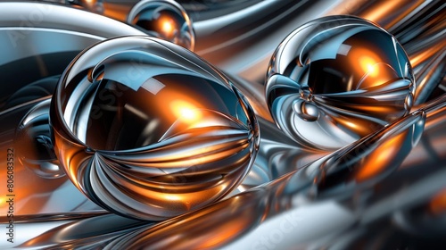 Sleek 3D digital composition with smooth metallic spheres and sharp angular forms, contrasting textures and reflective surfaces, embodying cuttingedge abstract art