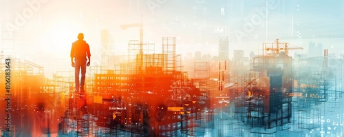 Stock illustration portraying advanced building construction and engineering concepts, with double exposure graphics that fuse site photographs with technical drawings