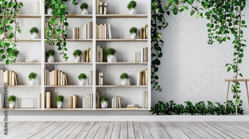 Office bookcase with plants and folders over wall hyper realistic 