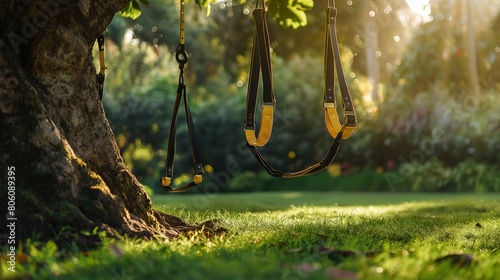 An outdoor TRX setup with straps hanging from a sturdy, old tree in a lush green park, ready for an early morning workout.