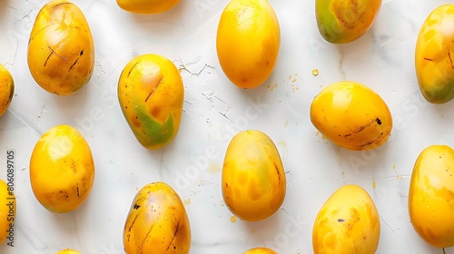 A bunch of ripe mangoes laid out on a white surface, their golden skin and sweet aroma promising a taste of the tropics.
