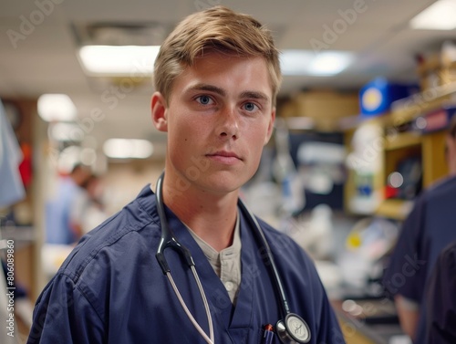Portrait of a male nurse wearing blue scrubs and a stethoscope around his neck
