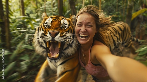 Expression of a happy woman with a forest tiger. AI generated image