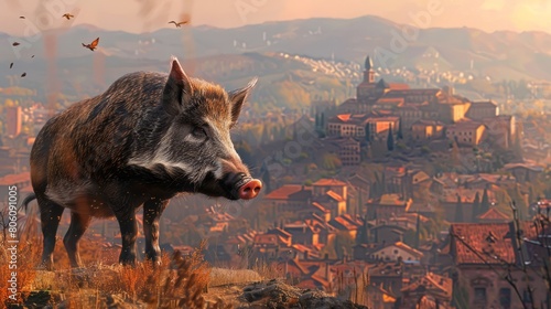 Wild boar looking at a city representing nature gaining on city and rural return on towns hyper realistic 