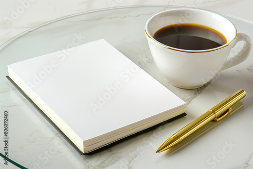 white empty open book or planner mockup on a glass elegant desk with cup of dark strong coffee and gold pen laying near, ready for time management, morning routine, starting a new