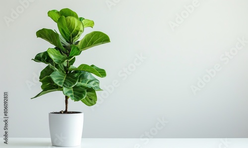 Drooping fiddle-leaf fig houseplant in a white pot, sick and cold-damaged, against a white background