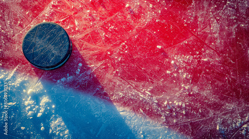A black hockey puck sits on a red and white ice rink