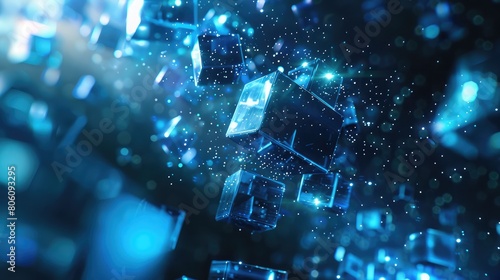 abstract background with glowing blue cubes and stars.,3d rendering, Neon light cube Block Network futuristic flying Matrix digital technologic animation 3D rendering 