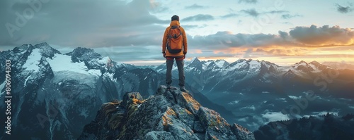 Backpacker standing on mountain peak, North Cascades National Park, Washington State, USA