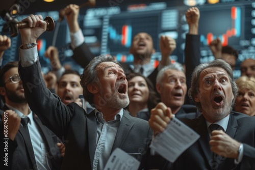 Ecstatic stock traders celebrating a successful IPO on the stock exchange floor