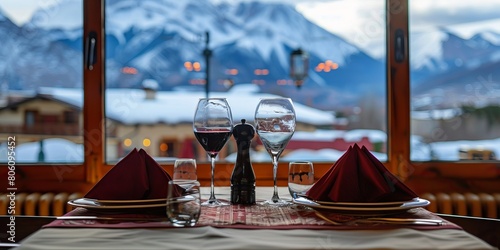 table with wine in restaurant with a view of the mountains