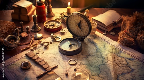An illustration of an old map and compass on a table