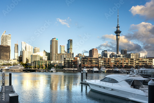 View of Auckland, New Zealand with Waitemata Harbor and boats 