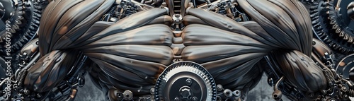 Surreal poster with muscles depicted as mechanical gears and pistons, symbolizing strength and movement, ideal for innovative gyms