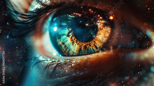 Surreal poster of an eye with cosmic elements reflecting within the pupil, deep space colors for a mysterious vibe