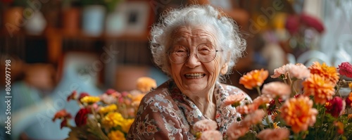 Mature old woman laughing hysterically after receiving a gift of flowers