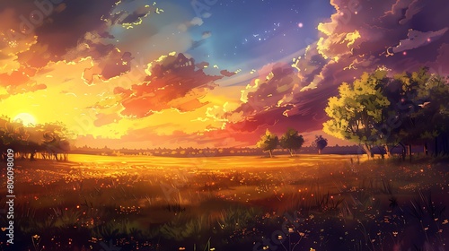 A colorful sunset casting warm hues over a vast meadow dotted with trees, an idyllic nature wallpaper.