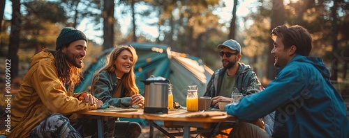 group of cheerful female and male friends sitting at table near caravan and laughing during road trip in forest