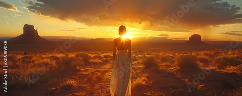 rear view of of girl in dress standing in monument valley state country landscape at sunset