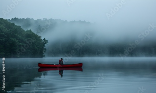 A man in a red canoe floats on Maine's Sebago Lake on a foggy morning.