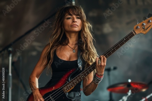 Portrait of a female musician playing bass guitar on stage