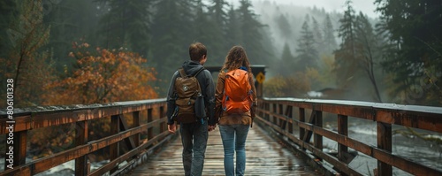A young couple enjoys a hike on a bridge in the Pacific Northwest.