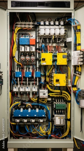 Industrial electrical control panel with circuit breakers and fuses