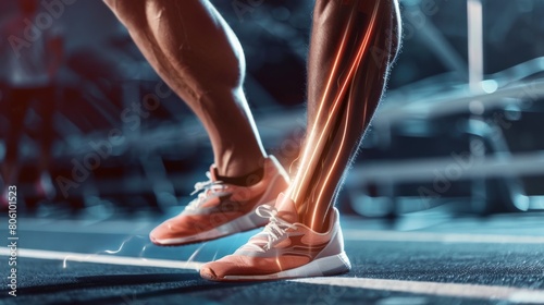 Dynamic sports poster depicting an athletes leg with visible tendons working, motivational for training facilities and sports therapists