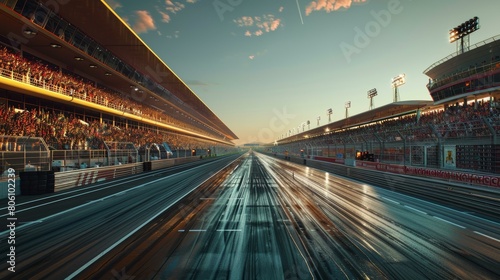 Formula One race track with empty grandstands at sunset