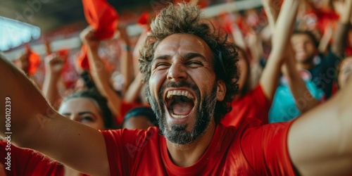 Ecstatic male sports fan celebrating victory with crowd in stadium