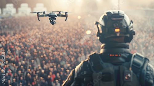 Security agent flying a drone to see and view over the large crowd in background , crowd control concept image hyper realistic 