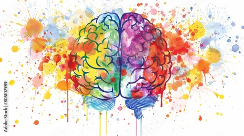 Artistic poster featuring a watercolor brain with splashes of color representing creativity and mental health awareness