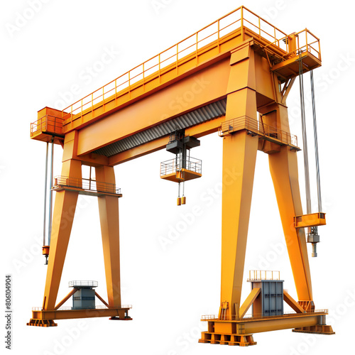 A towering yellow gantry crane with no visible surroundings