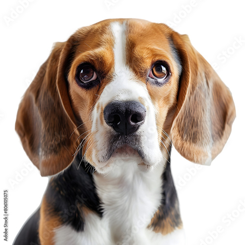 A Beagle with floppy ears and soulful eyes, a classic tri-color pattern, on a transparent background.