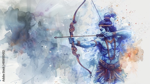 Watercolor illustration of lord rama with a bow and arrow for ram navami celebration. hyper realistic 