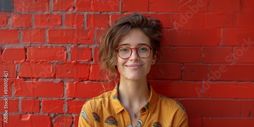 portrait of a young woman with glasses smiling in front of a brick wall