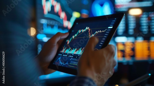 A businessman holding a tablet with stock market graphs, making investment decisions based on market analysis and research.