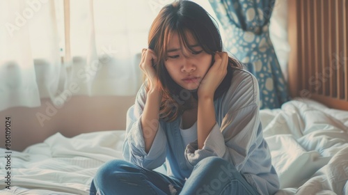 Tired asian woman sitting on bed with head in hands, feeling sick and unwell at home. Young girl suffering from falling ill or having handsome pain while alone during morning time in bedroom.