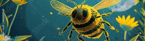 A cartoon bee is flying over a field of flowers