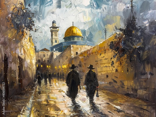 Illustration of Jerusalem with Temple Mount and Rabbis. AI Generative